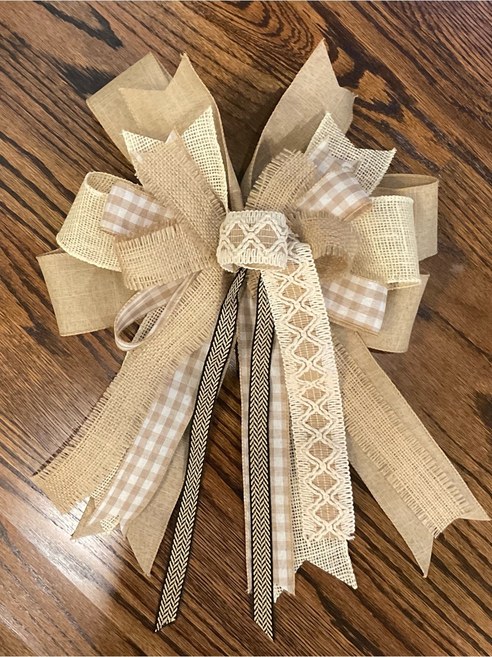 Neutral Burlap and Gingham Holiday Wreath Bow